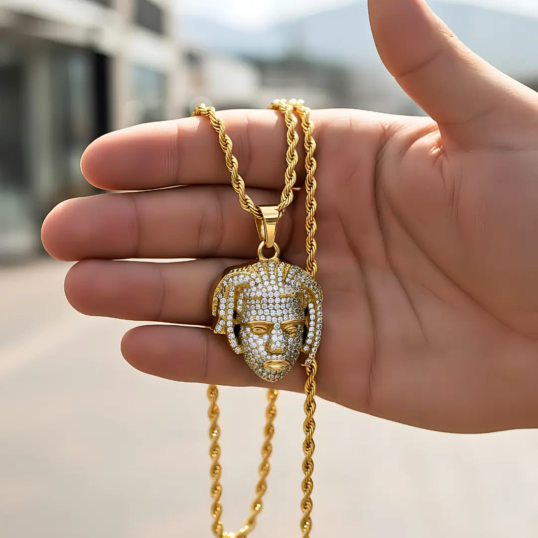 18K Gold Filled Iced Out Face Pendant Necklace with 64cm Rope Chain